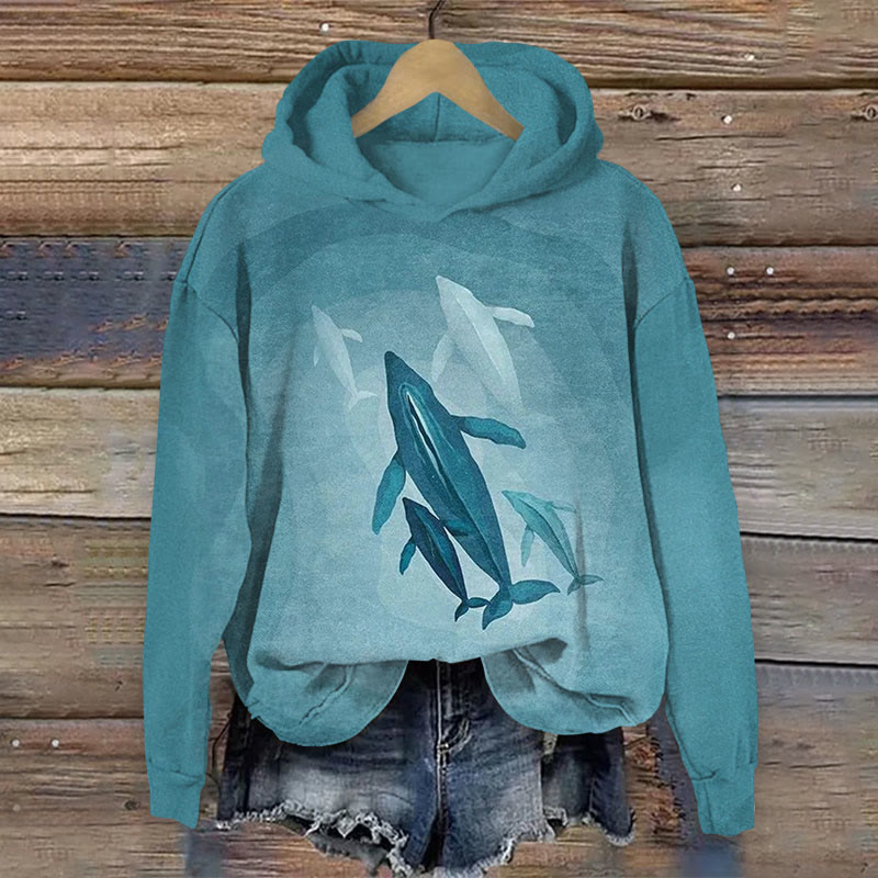 Ocean Whale Print Long Sleeve Hoodie - Blue - US44-46(8XL) - image 1