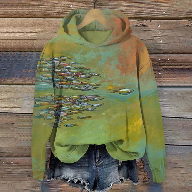 Retro Fish Shaped Rendering Art Print Long Sleeve Hoodie - Green - US44-46(8XL) - image 1