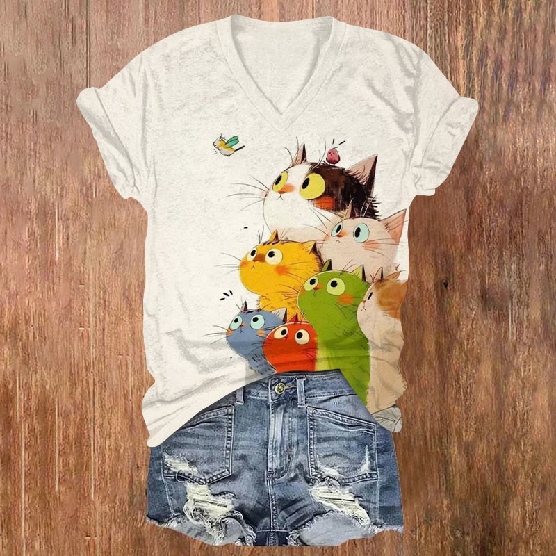 Cute Cat Family Portrait Print Short Sleeved V-Neck T-Shirt - Beige - US32-34(5XL) - image 1