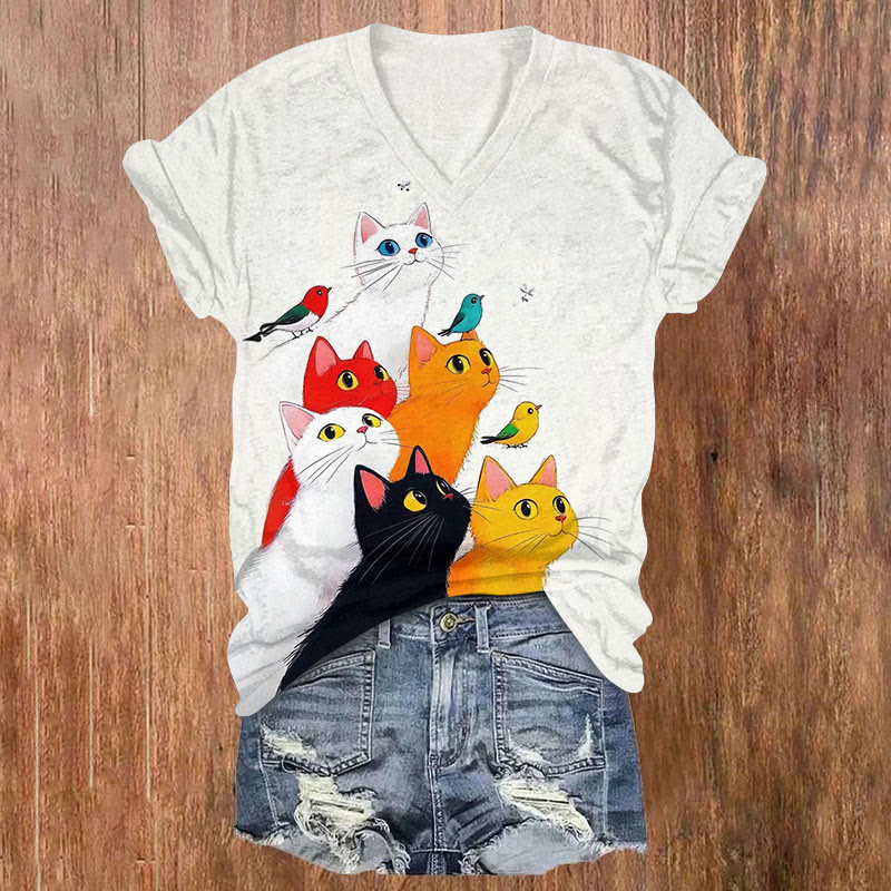 Cute Cat Print Short Sleeved V-Neck T-Shirt - White - US32-34(5XL) - image 1