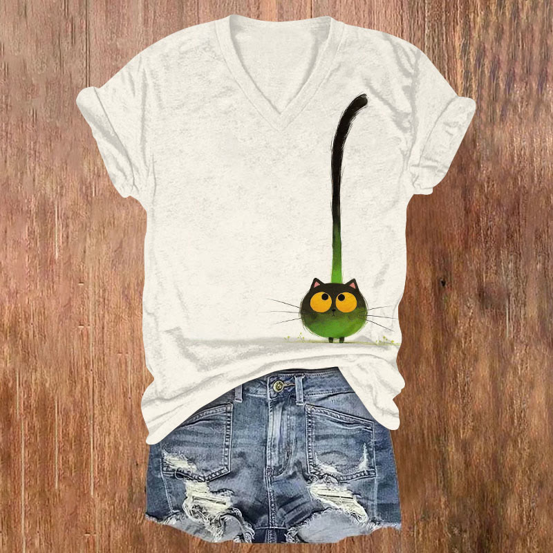 Cute And Fun Cat Print Short Sleeved V-Neck T-Shirt - White - US32-34(5XL) - image 1