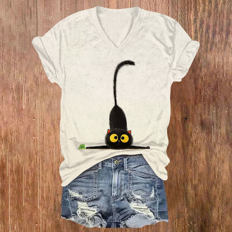 Cute Yoga Cat Art Print Short-Sleeve V-Neck T-Shirt - White - US32-34(5XL) - image 1