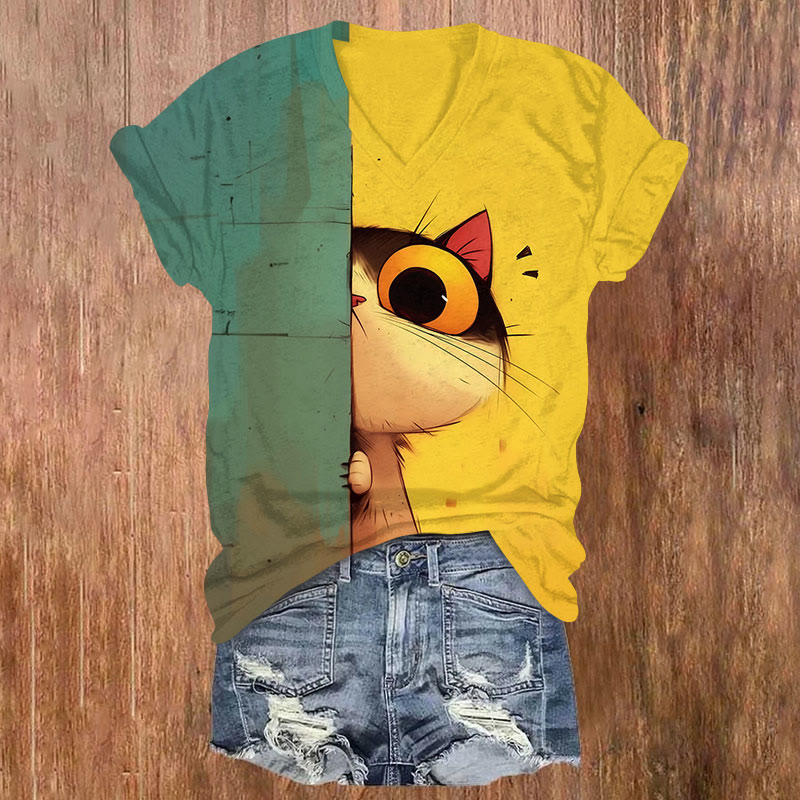 Cute Cat Print Short Sleeved V-Neck T-Shirt - Yellow - US32-34(5XL) - image 1