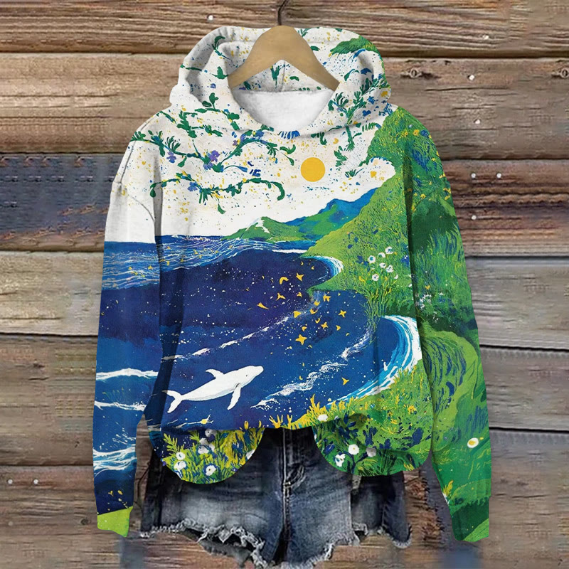 Natural Plant Oil Painting Whale Pattern Long Sleeve Hoodie - Multicolor - US44-46(8XL) - image 1