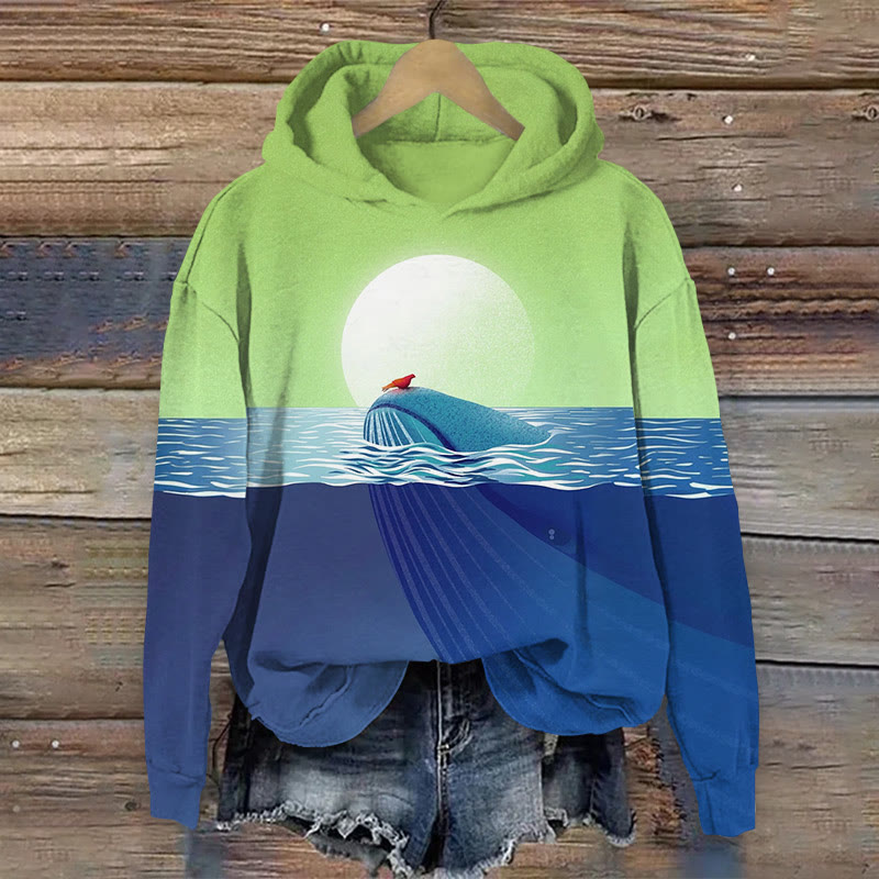 Whale And Floral Art Patterns Print Long Sleeve Hoodie - Blue - US44-46(8XL) - image 1