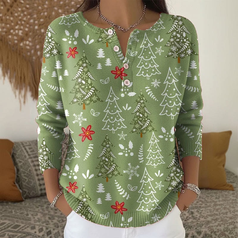  Women's Christmas Tree Print Button Sweater - Green - 5XL - image 1
