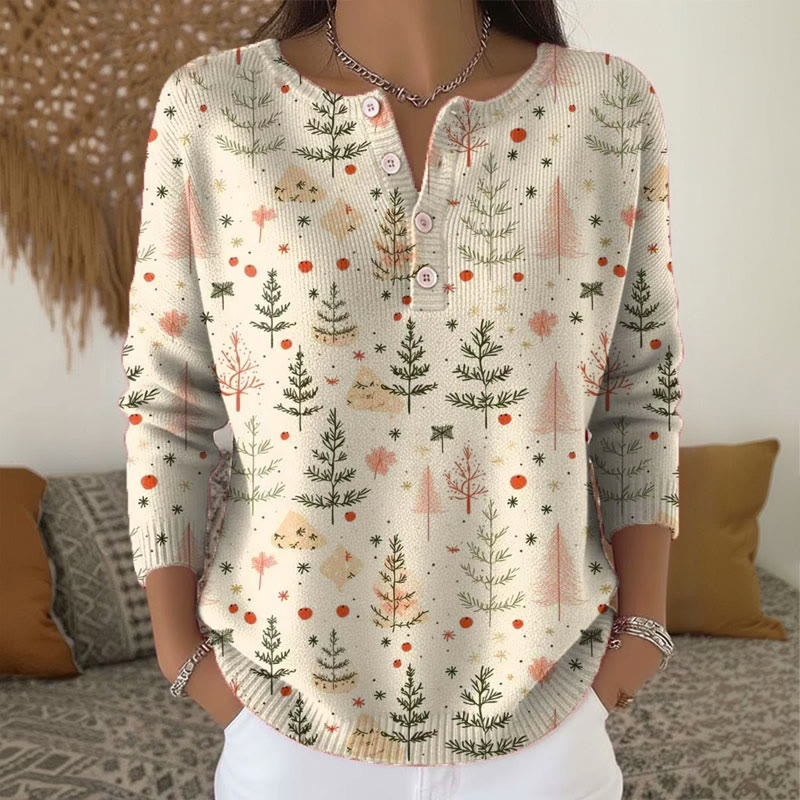 Christmas Tree Art Print Buttoned Cardigan Sweater - Apricot - 5XL - image 1