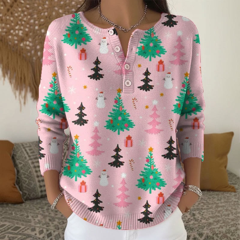 Christmas Tree Art Print Henley Collar Button Sweater - Pink - 5XL - image 1