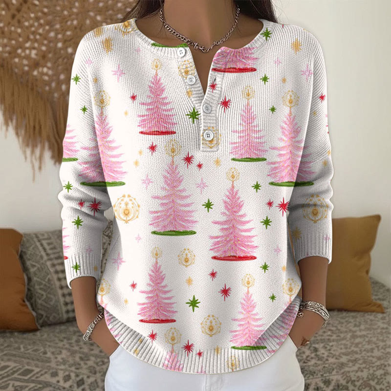Pink Christmas Tree Art Print Buttoned Cardigan Sweater - White - 5XL - image 1