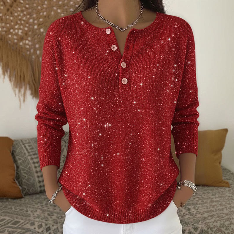Women's Shiny Christmas Henley Collar Button Sweater - Red - 5XL - image 1
