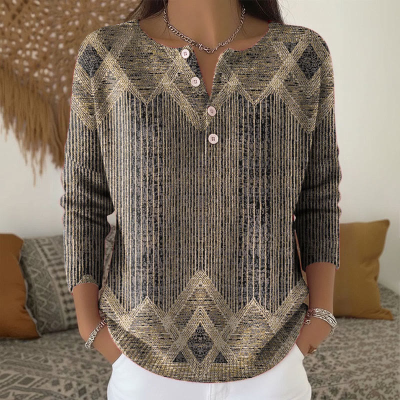 Retro Geometric Print Henley Collar Button Sweater - Khaki - 5XL - image 1