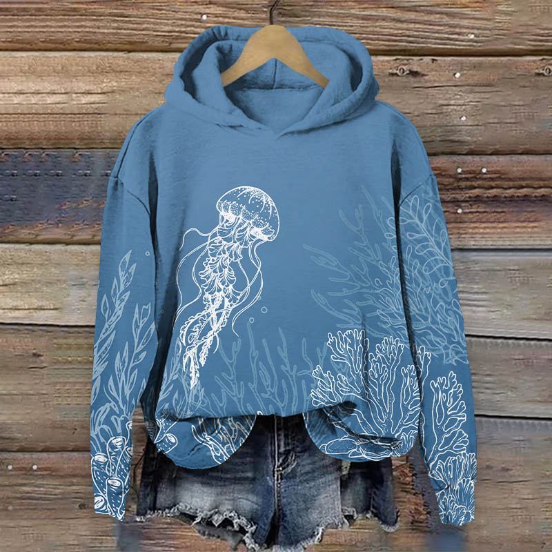 Retro Sea Weed & Transparent Jellyfish Art Print Long Sleeve Hoodie - Blue - US44-46(8XL) - image 1