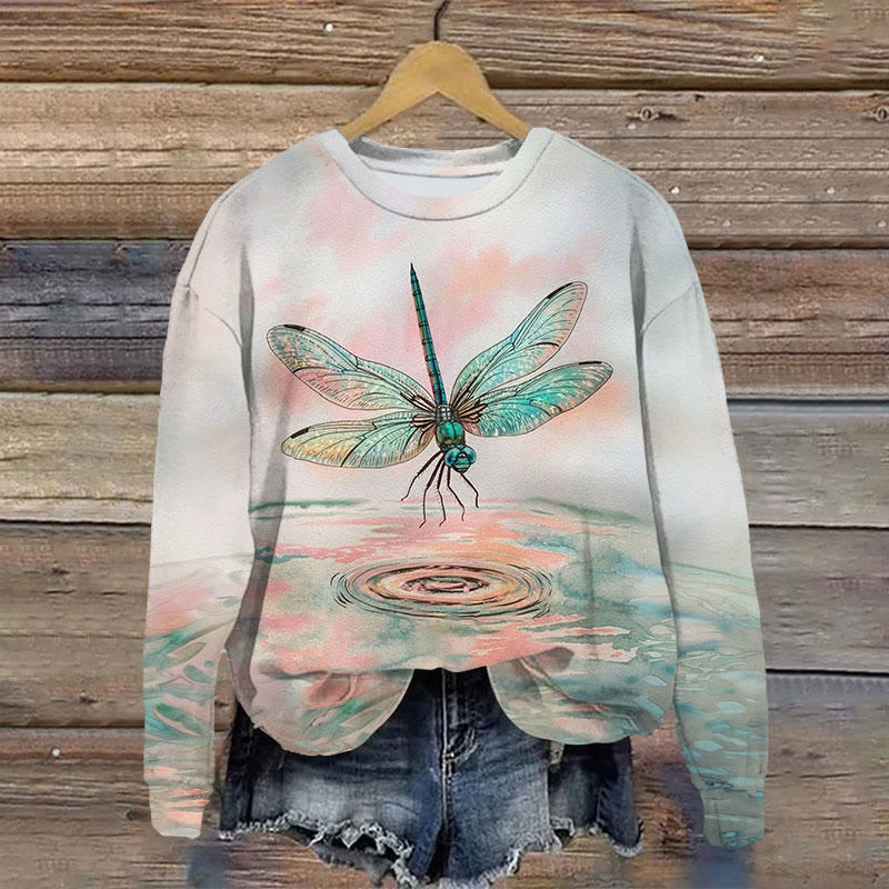 Retro Dragonfly And Water Droplet Print Long Sleeve Sweatshirt - Grey - 5XL - image 1