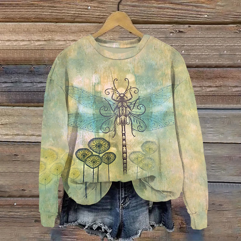 Retro Dragonfly Pond and Lotus Leaf  Print Long Sleeve Sweatshirt - Green - 5XL - image 1