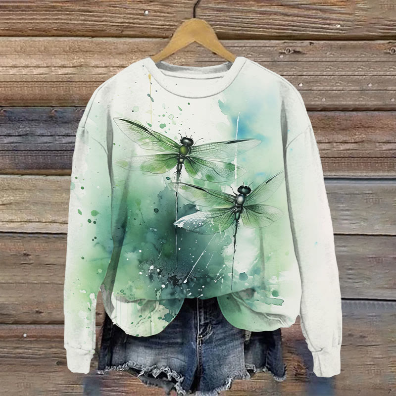 Retro Dragonfly Watercolor Art Print Casual Sweatshirt - Light Gray - 5XL - image 1