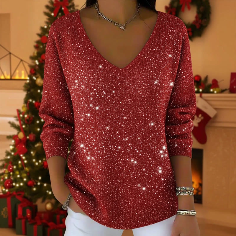 Glossy Christmas V-neck Long Sleeved Sweater - Red - 5XL - image 1