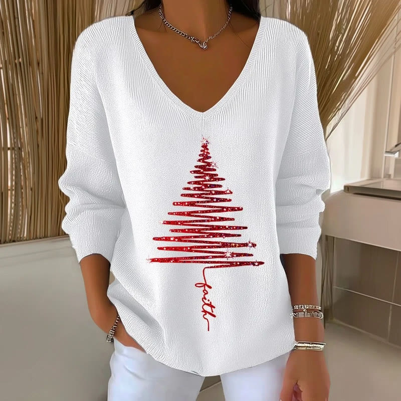 Women's Christmas Jesus Print V-Neck Long Sleeved Sweater - White - 5XL - image 1