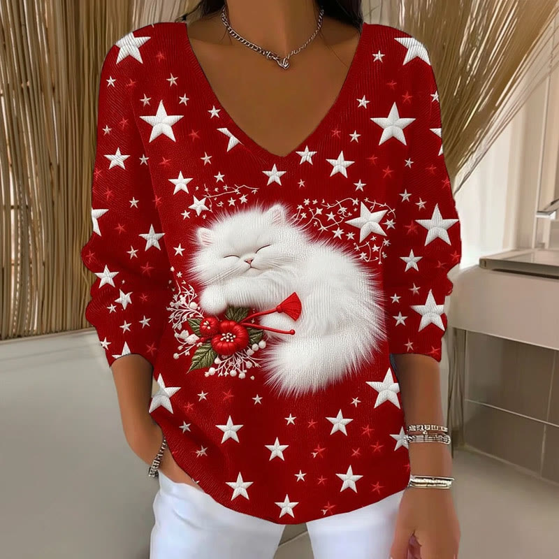Women's Christmas Cat and Star Print V-Neck Long Sleeve Sweater - Red - 5XL - image 1