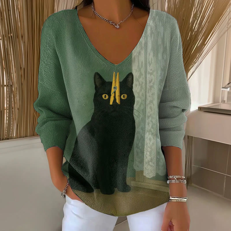 Women's Casual Black Cat Print V-Neck Long Sleeve Sweater - Green - 5XL - image 1