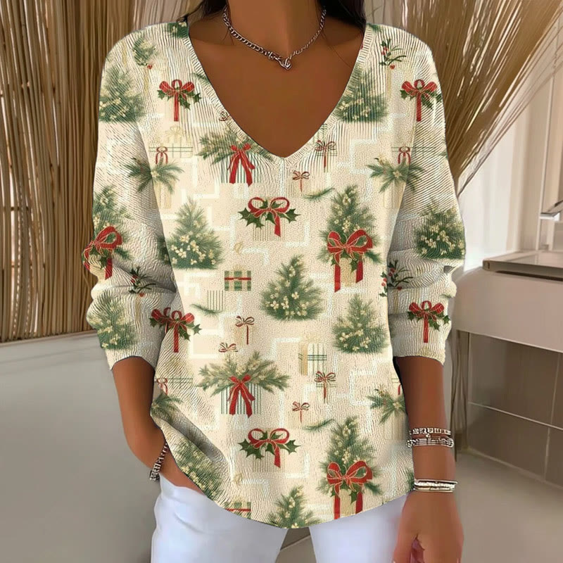 Women's Casual Christmas Print V-Neck Long Sleeve Sweater - Apricot - 5XL - image 1