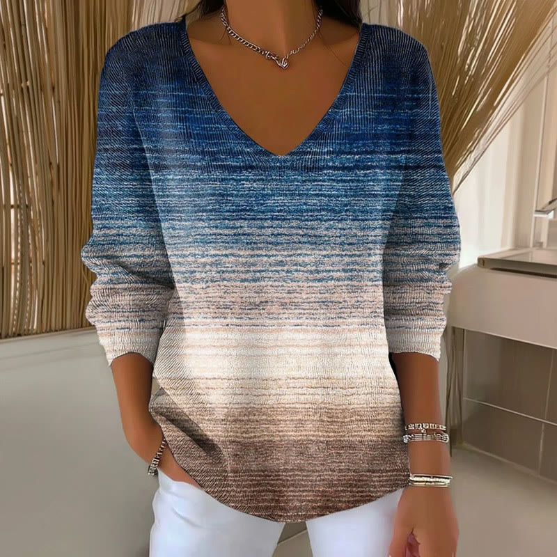 Women's Casual Gradient Striped Print V-Neck Long Sleeve Sweater - Blue - 5XL - image 1