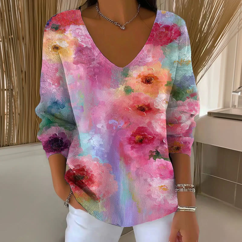 Women's Casual Watercolor Floral Print V-Neck Long Sleeve Sweater - Pink - 5XL - image 1