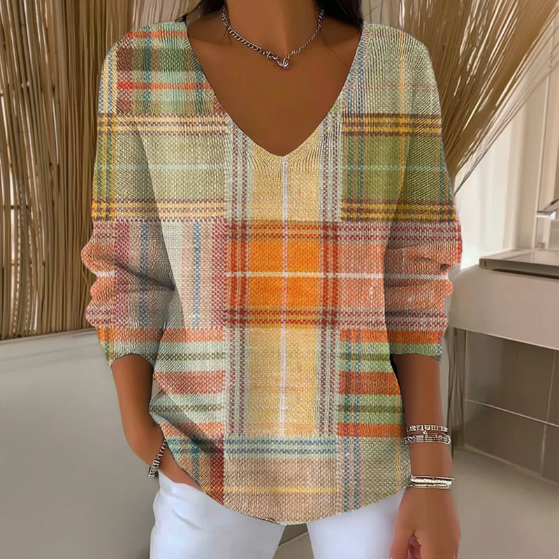 Women's Retro Plaid Print V-Neck Long Sleeve Sweater - Multicolor - 5XL - image 1
