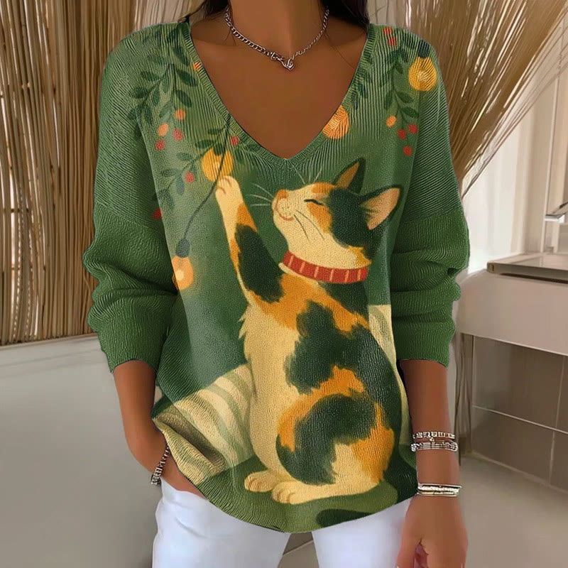 Women's Casual Floral Cat Print V-Neck Long Sleeve Sweater - Green - 5XL - image 1