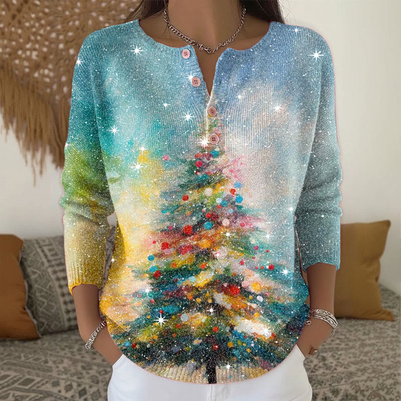 Shiny Christmas Tree Gradient Art Henley Collar Button Sweater - Blue - 5XL - image 1