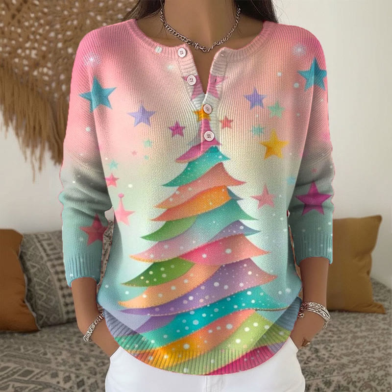 Colorful Christmas Tree Print Henley Collar Button Sweater - Pink - 5XL - image 1