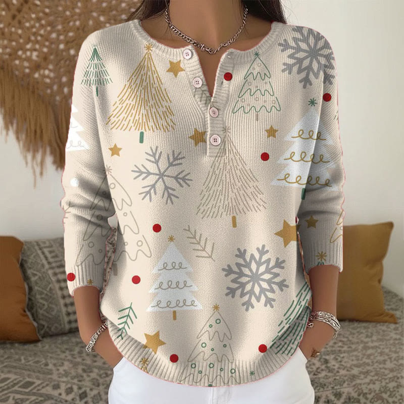 Vintage Christmas Print Henley Collar Button Sweater - Apricot - 5XL - image 1