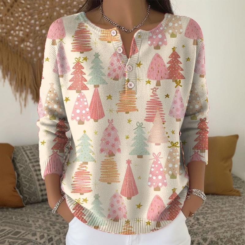 Women's Casual Christmas Print Henley Collar Button Sweater - Apricot - 5XL - image 1