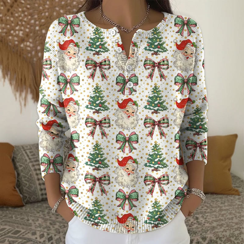 Vintage Santa Claus Print Henley Collar Button Sweater - White - 5XL - image 1