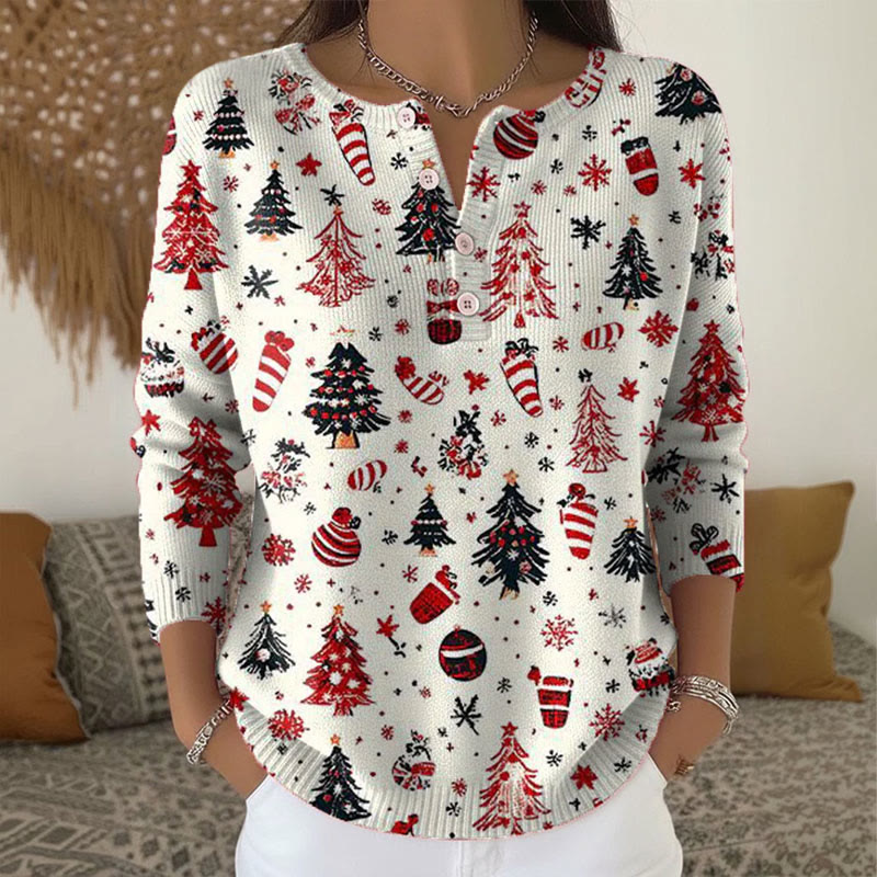 Retro Christmas Tree And Snowflake Print Henley Collar Button Sweater - White - 5XL - image 1