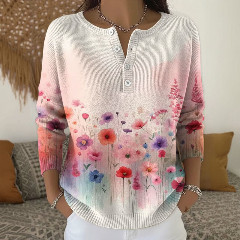 Women's Casual Floral Gradient Print Henley Collar Button Sweater - Pink - 5XL - image 1