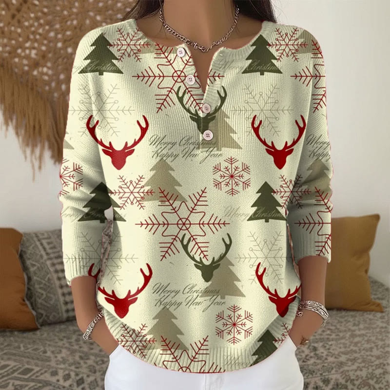 Vintage Christmas Reindeer Print Henley Collar Button Sweater - Light Green - 5XL - image 1