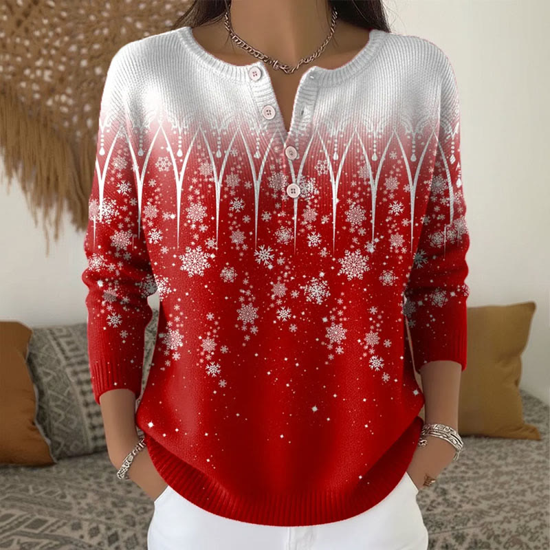 Women's Casual Christmas Snowflake Pattern Henley Collar Button Sweater - Red - 5XL - image 1