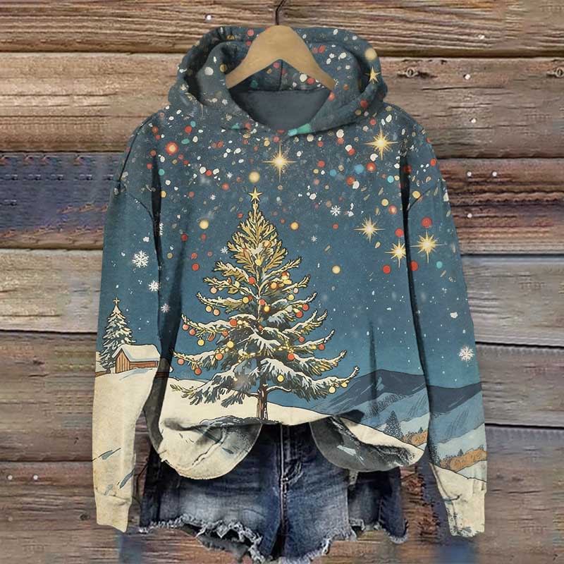 Vintage Christmas Tree With Colorful Light Bulbs Art Print Long Sleeve Hoodie - Blue - US44-46(8XL) - image 1