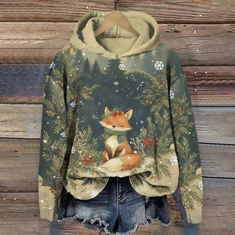 Christmas Lovely Fox Art Print Long Sleeve Hoodie - Blue - US44-46(8XL) - image 1