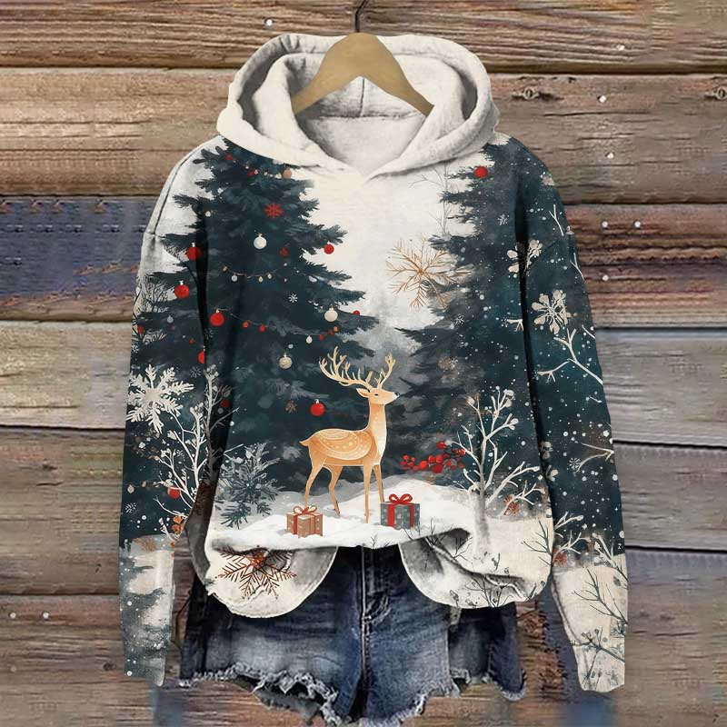 Watercolor Christmas Tree & Reindeer Art Print Long Sleeve Hoodie - Blue - US44-46(8XL) - image 1