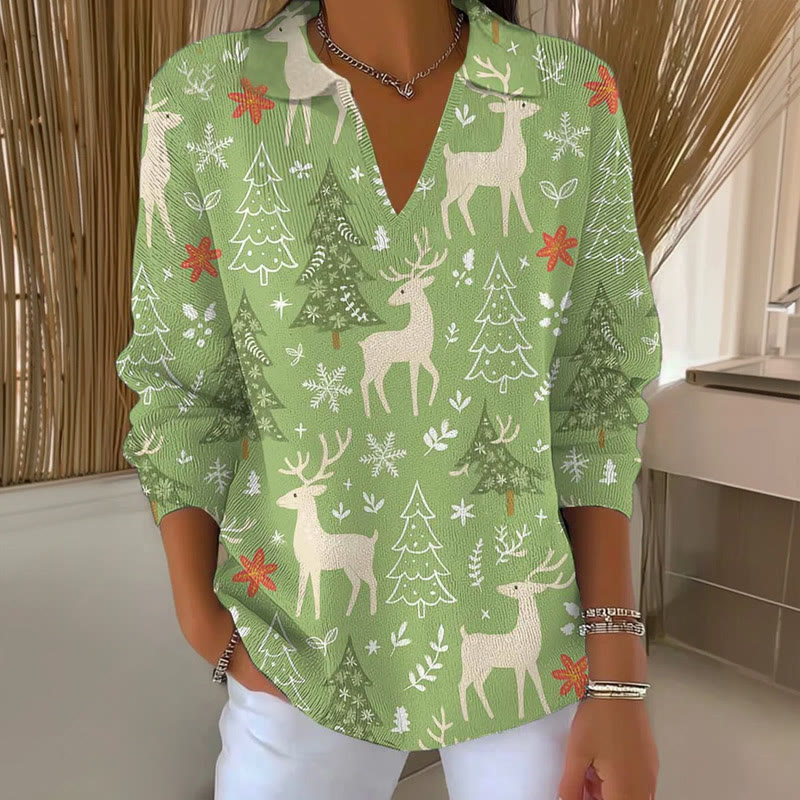 Women's Casual Christmas Reindeer Print Collar Long Sleeved Sweater - Green - 5XL - image 1