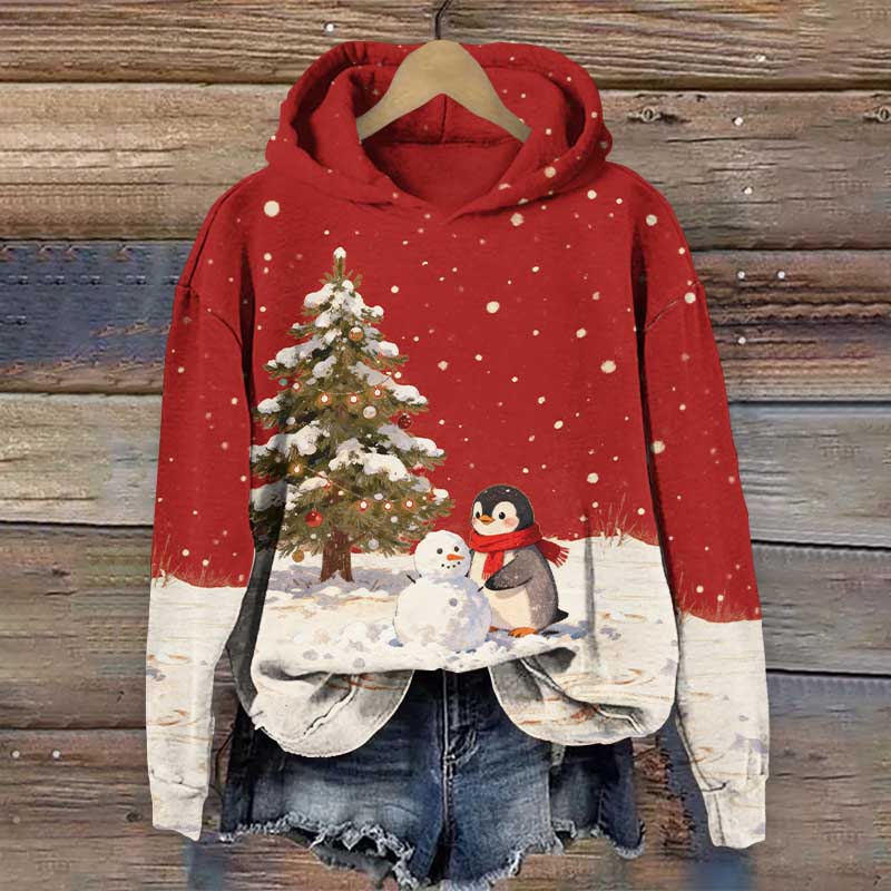 Snowy Christmas Penguins Building Snowmen Art Print Long Sleeve Hoodie - Red - US44-46(8XL) - image 1