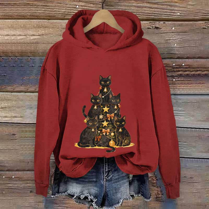 Creative Black Cat Christmas Tree Art Print Long Sleeve Hoodie - Red - US44-46(8XL) - image 1