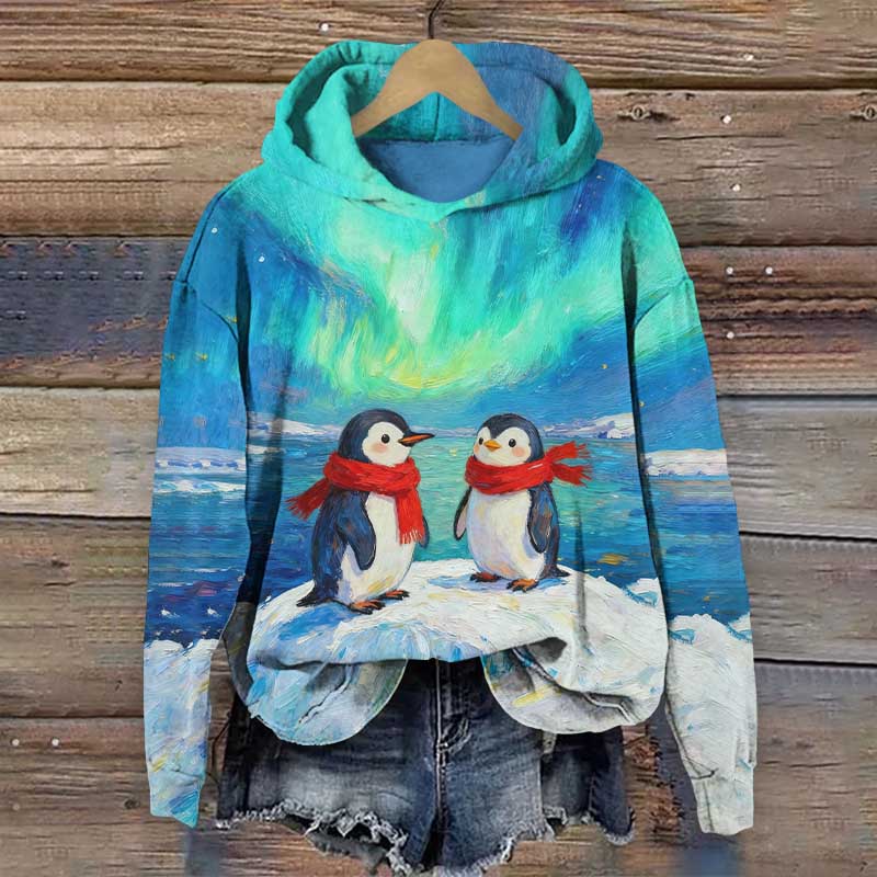 Oil Painting Aurora Christmas Antarctic Penguins Art Print Long Sleeve Hoodie - Blue - US44-46(8XL) - image 1