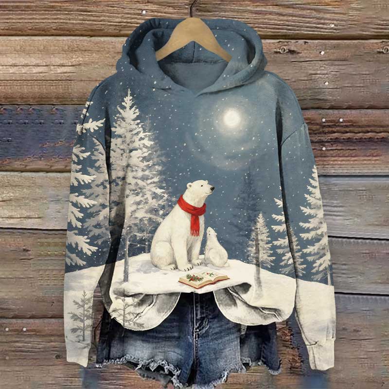 Christmas Polar Bear Family Art Print Long Sleeve Hoodie - Grey - US44-46(8XL) - image 1