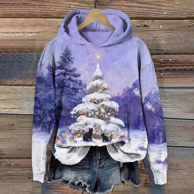 Funny Christmas Tree & Black Cat Art Print Long Sleeve Hoodie - Purple - US44-46(8XL) - image 1