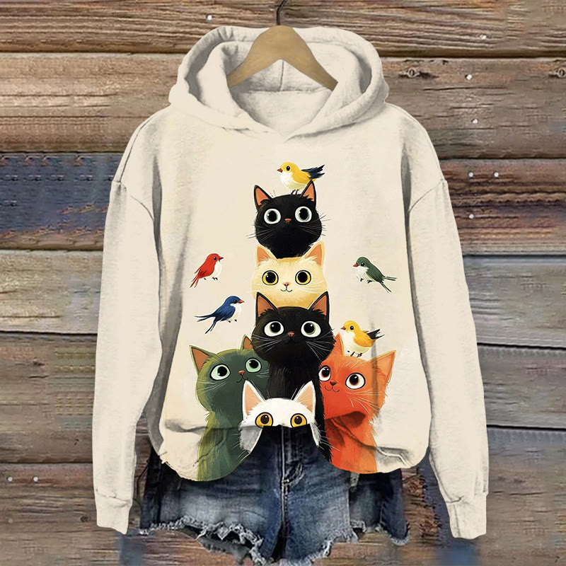 Cat Family Print Long Sleeve Hoodie - Apricot - US44-46(8XL) - image 1