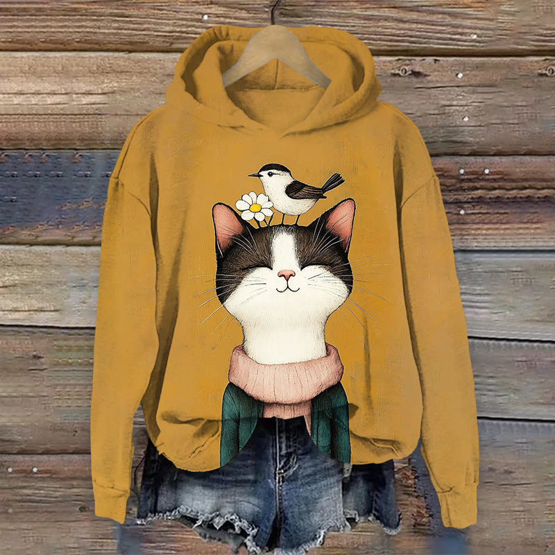  Cat Art Print Long Sleeve Hoodie - Yellow - US44-46(8XL) - image 1