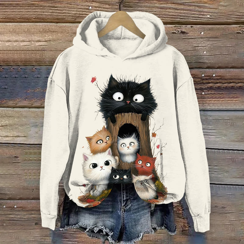 Fun Tree Hole Cat Print Long Sleeved Hoodie - Apricot - US44-46(8XL) - image 1