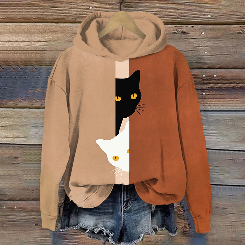 Black And White Cat Peeking Print Long Sleeved Hoodie - Brown - US44-46(8XL) - image 1